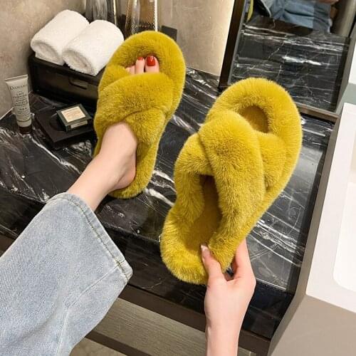 Furry Slippers Fur Slides For Women Faux Fur Sliders Indoor Shoes Woman Strap Shoes Female Casual Home Flat Winter Footwear
