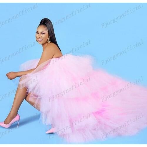 Fashion Pink Strapless Tiered Puffy Prom Gown High Low Womens High Street Dresses Birthday Party Dress 2022 Tulle Robe
