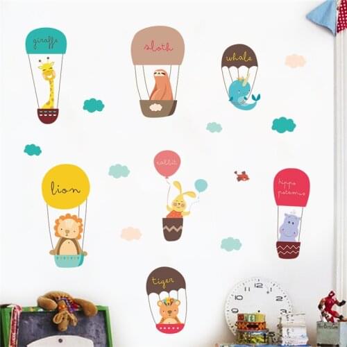 Cartoon animals hot air balloon wall decals kids rooms bedroom home decor giraffe lion rabbit wall stickers pvc mural art poster