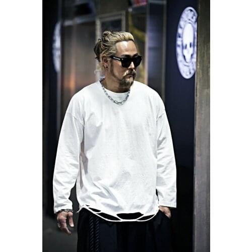 Mens new solid color dilapidated loose fashion long sleeve T-shirt fluorescent versatile Youth Foundation personality