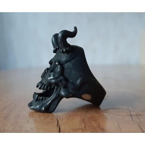 Retro Black Stainless Steel Demon Skull Ring Horned Satan Devil Biker Rings Mens Punk Goth Finger Ring