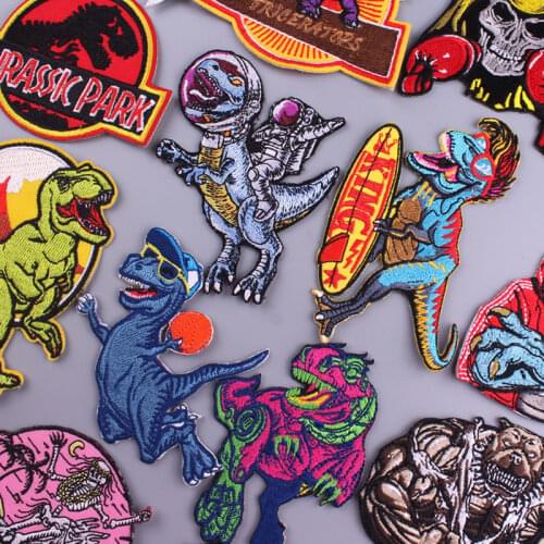 Dinosaur Patch Jurassic Park Embroidered Patches For Clothing DIY Punk Patch On Clothes Iron On Patch Appliques Stripes Sewing
