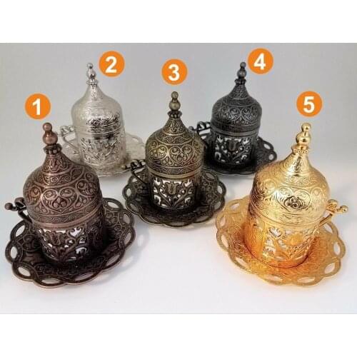 Handmade authentic Design Turkish Greek Arabic Coffee Espresso Set for 1 Service, Cups Saucers Lids Tray Delight Candy Dish GIFT