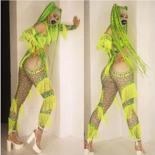 Stage show ladybug bodysuit party show women dance green tassel jumpsuit dj costume