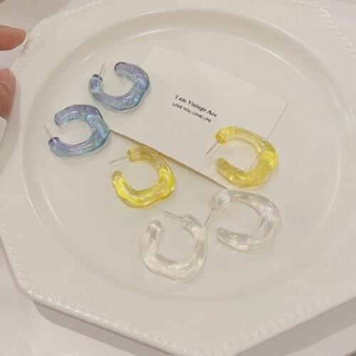 AOMU Korea Retro Blue Yellow Transparent Resin C-Shaped Earrings Irregular Geometric Smooth Hoop Earrings for Women Accessories