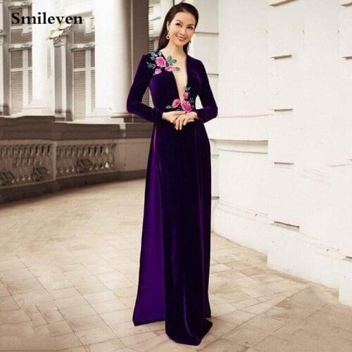 Smileven Purple Caftan Formal Evening Dress Velvet Algerian Special occasion Dresses 3d Flowers Evening Party Gowns Plus Size