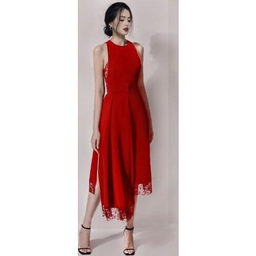 Spring Fashion Sheath Round Neck Mid Length Lace Dress Pockets Elegant Split Sleeveless Irregularity Party Dance Office Dress