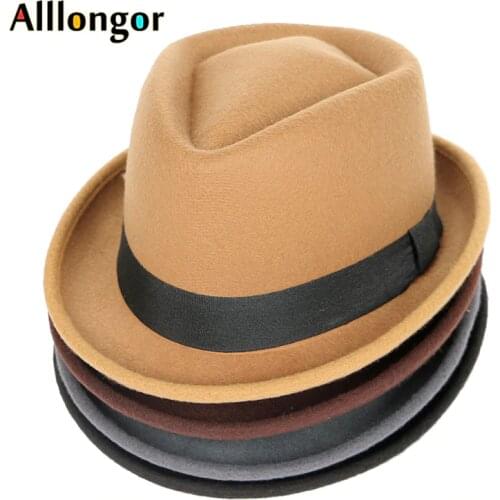 Fashion Autumn 2020 Winter Fedoras Women Wool Fedora Hat Men Jazz Panama Solid Black Vintage Trilby Hat Felt Top Hat caps