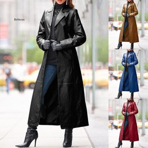 Women Autumn Winter Solid Color Faux Leather Long Slim Wind Coat Windbreaker Womens clothing