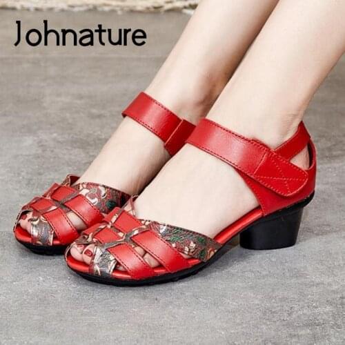Johnature Women Sandals Genuine Leather Ladies Sandals Hook & Loop 2021 New Summer Retro Print Casual Handmade Platform Sandals