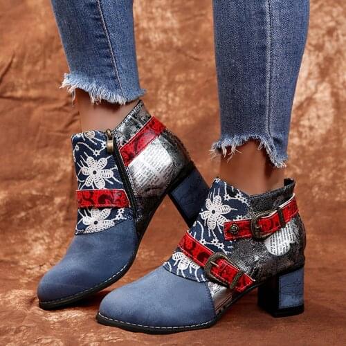 Retro Women Boots Plus Size Flower Print Embroidery Square Heels Zipper Short Booties Fashion Autumn Winter Round Toe Shoes