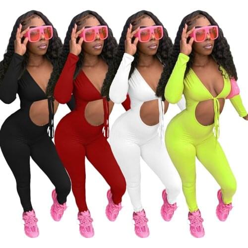 Sexy Hollow Out Lace Up Solid Jumpsuit Women Casual Sports Fitness V Neck Long Sleeve Pencil Pants Slim Rompers Women Jumpsuit