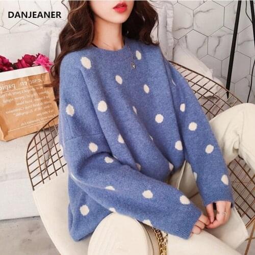 Danjeaner Korean Fashion Sweaters 2018 Women Preppy Style Dot Casual Loose Knitted Pullovers Winter Streetwear Jumper Pull femme