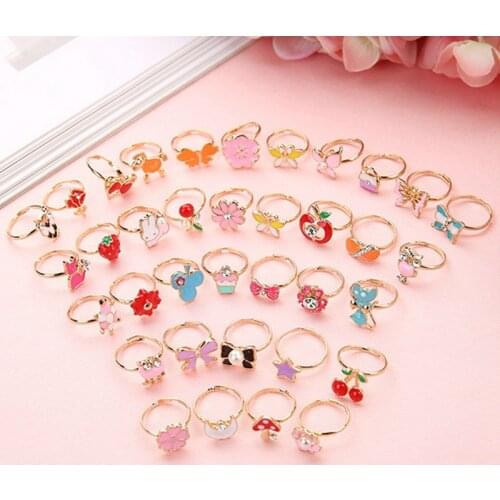 10PCS Trendy Children Kids Sweet Cute Adjustable Cartoon Crystal Alloy Animal Enamel Rings Girls Pretend Play Rings For Kids