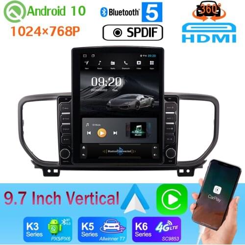 9.7" Tesla Style PX6 4G+64G Car Media Radio CarPlay GPS 4G WiFi For Kia KX5 Sportage 4 2019-2020 Android 10 SPDIF 360 Camera DSP