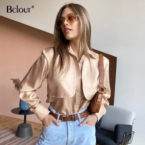 Bclout Satin Turn Down Collar Blouse Shirt Long Sleeve Button Up Shirt Women Golden Silk Chic Fashion Top Autumn Office Lady