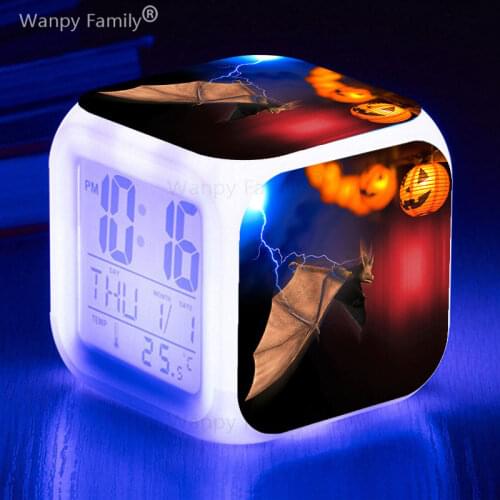 Ghost Festival Bat Halloween Alarm Clock LED Big Screen Digital Clock Kids Gift 7 Color Glowing Multifunction Desktop Clock