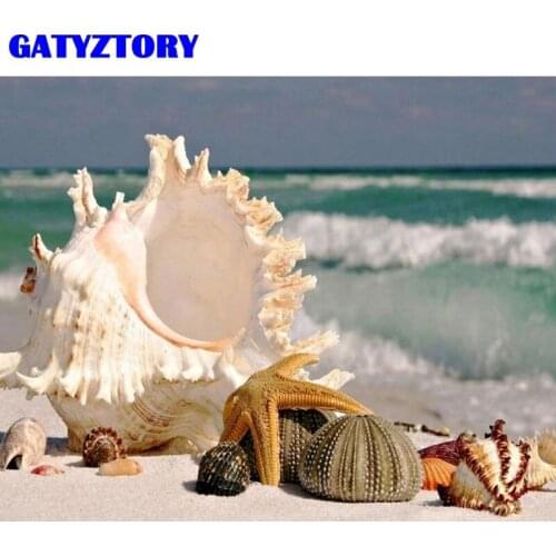 GATYZTORY DIY Diamond Painting Conch And Sandy Beach Scenery Mosaic Handmade 5D Diamond Embroidery Space Seaside Landscape Handm