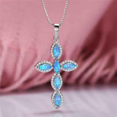 Dainty Female Leaf Opal Pendant Necklace Rose Gold Silver Color Chain Necklace For Women Trendy Crystal Cross Wedding Necklace