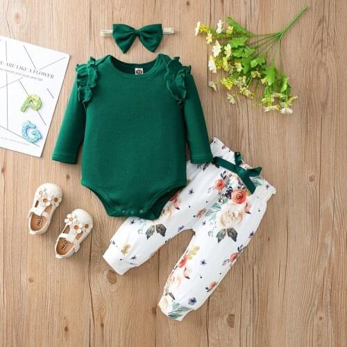 Infant Girls Clothing 3Pcs Set Romper Cotton T-shirt Pants Headband Girls Toddler Fashion Flower Print Clothes For 0-24M