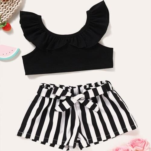 Girls Clothes Suits 2020 Summer Kids Fashion Sleeveless Exposed Navel Black Tops + Striped Printed Short Pant 2PCS Toddler For