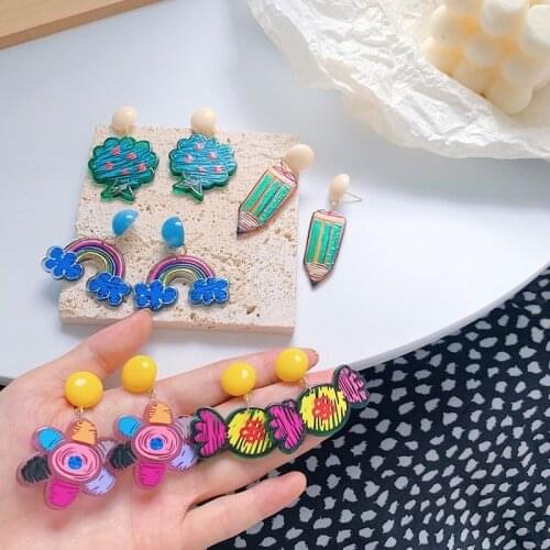 Korean Vintage Harajuku Earrings Rainbow Candy Pencil Flower Tree Acrylic Dangle Earrings for Women Fashion Jewelry Gifts New