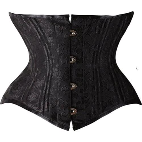 24 Double Steel Boned Lace Up Goth Steampunk Bustier Jacquard Corset Short Torso Waist Taining Corsets Black Plus Size XS-3XL