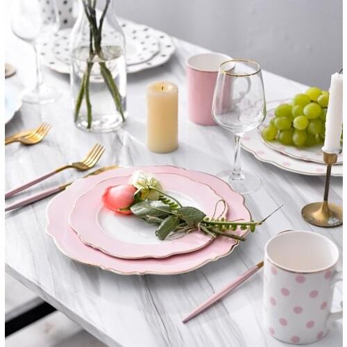 Creative Ceramic Plate Pink Wave Point Simple Flat Plate Western Steak Plate Girl Heart Set Irregular Golden Girl Cake Stand