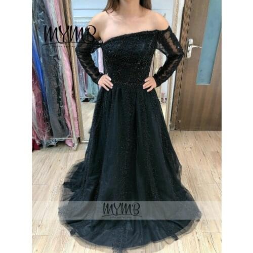 Beautiful Off The Shoulder Lace Beading Long Sleeve Prom Dress MYMB Designer Black A Line Mother Dress With Sleeve MY41108