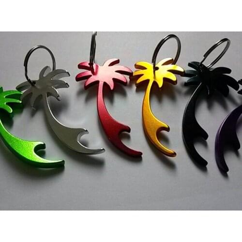 Hot sell 400 pcs/lot palm tree shape keychains customed printed logo beer can bottle opener key ring promotion gift