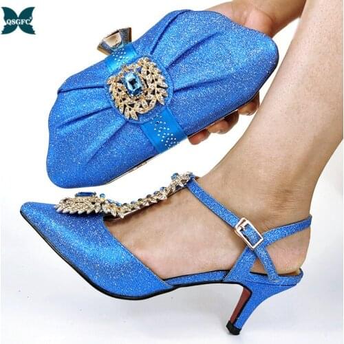 Hot Selling Italian Design Fashion Crystal Elegant Style Wedding Women Shoes and Bag Set Decorated With Rhinestone in Sky Blue