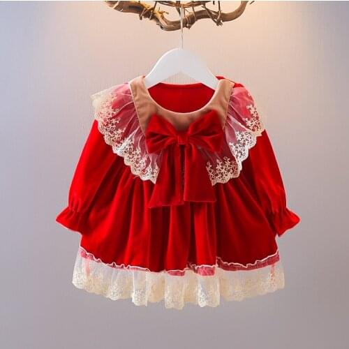 Sweet Girls Princess Lolita Dress Baby Kids Children Autumn Long Sleeve Velvet Lace Bow Ruffle Party Dresses Outfits ADK9