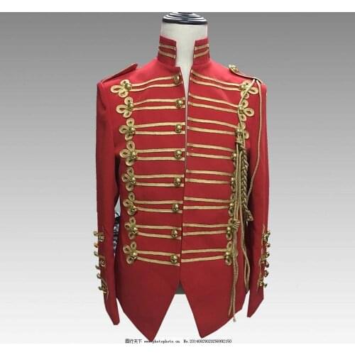 Male Golden Decorate Single Breasted Suits Mens Red Philharmonic Society Performance Costumes Men British Style Casual Suits