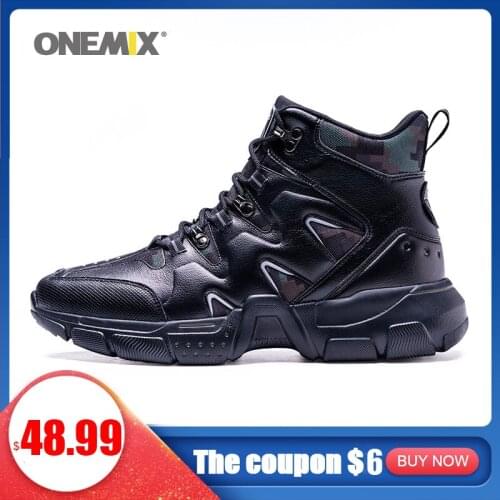 ONEMIX Men Hiking Shoes Combat Boots Black Leather Patrol Outdoor Climbing Fishing Trekking Shoes Military Tactical Boots