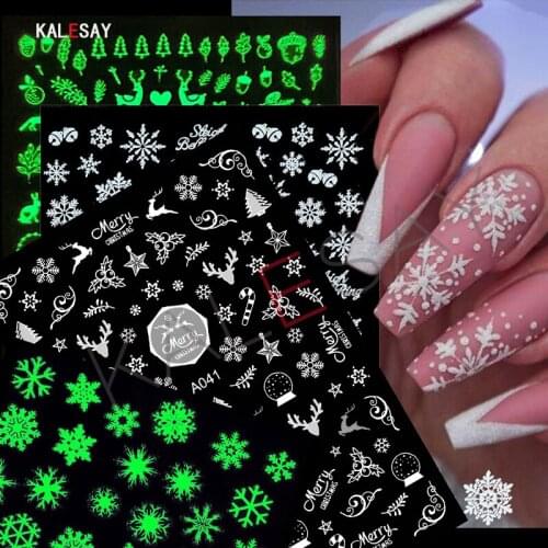 3D Merry Christmas Glow In Dark Nail Stickers White Santa Claus Glow Decals Manicure Design Snow Sticker on Nails