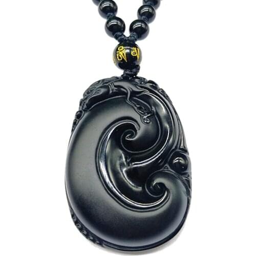 Obsidian Engraved DRAGONRUYI Necklace Pendant Gem Jewelry Mens Pendant With Chain Black Jade Jewelry