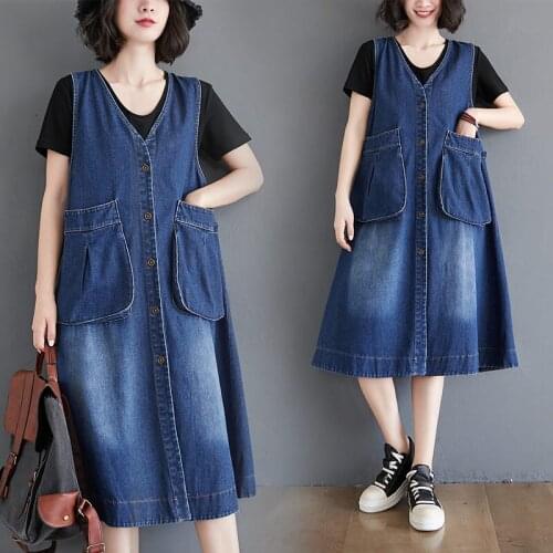 Single Breasted Vintage Plus Size Womens Spring Clothes Mid-Length Denim Vest Dress Female Loose Slim V-Neck Dress Pocket zh388