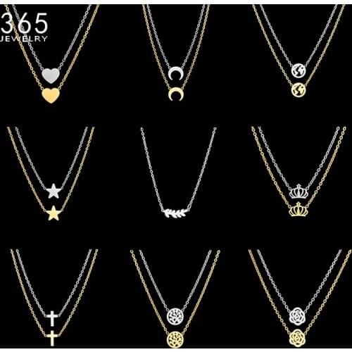 Cute Stainless Steel Love Heart Moon Star Necklace Women Gold Hollow Map Tree Flower Plant Necklace Minimalist Jewelry