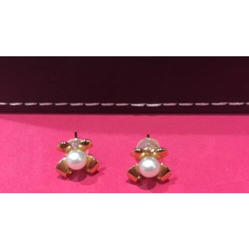 5-6MM natural sea water pearl stud earring bowknot 18K yellow gold fine women jewelry free shipping