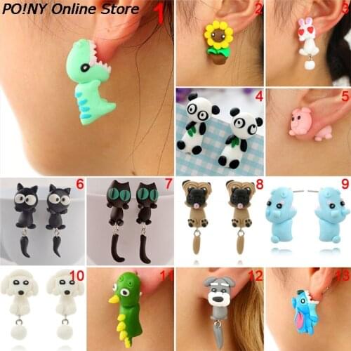 Luokey Cute Animal Earrings For Women Hanging 3D Cartoon Lovely Dog Stud Earrings Flower Panda Polymer Clay Girls Earing Jewelry