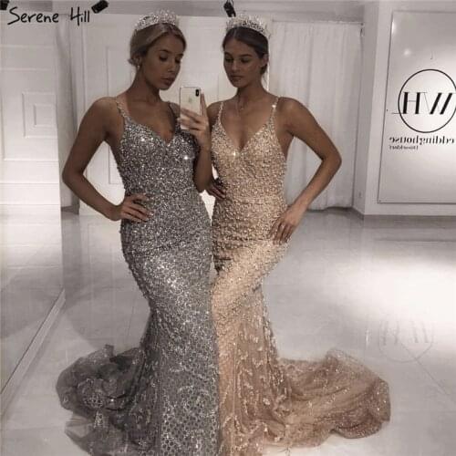 Grey Luxury Sexy Mermaid Evening Dresses 2020 Diamond Beading Off Shoulder Formal Dress Real Photo LA60729