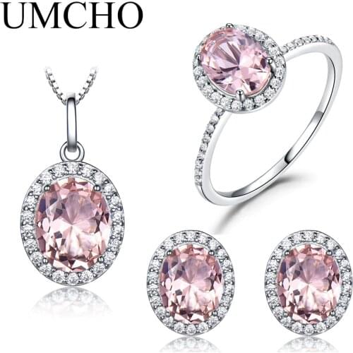 UMCHO 925 Sterling Silver Jewelry Set Pink Sapphire Ring Pendant Necklaces Stud Earrings For Women Wedding Party Jewelry Sets