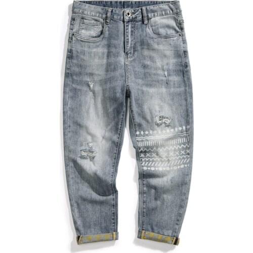 Hip Hop Jeans Men Light Blue Stretch Mens Cropped Pants Retro Rip Distressed Wide Leg Harem Pants Fashion Patterns Capri-Pants