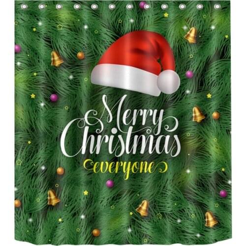 72'' Bathroom Waterproof Fabric Shower Curtain Polyester 12 Hooks Bath Accessory Sets Marry Christmas Hat And Bells On Pine Leaf