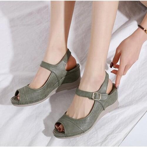 2021 Women Shoes Platform Sandals Women Peep Toe High Wedges Heel Ankle Buckles Sandalia Leather Female Sandals Shoes