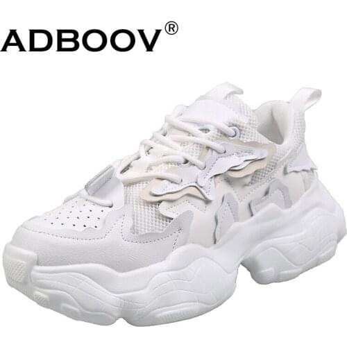 ADBOOV 2021 New Leather White Sneakers Women Thick Sole Platform Chunky Shoes Female Fashion Footwear