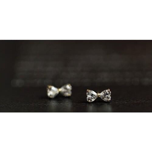 925 Sterling Silver Plating 14k Gold Inlaid Crystal Simple Bow Earrings Women Small Cute Student Girlfriends Jewelry Accessories