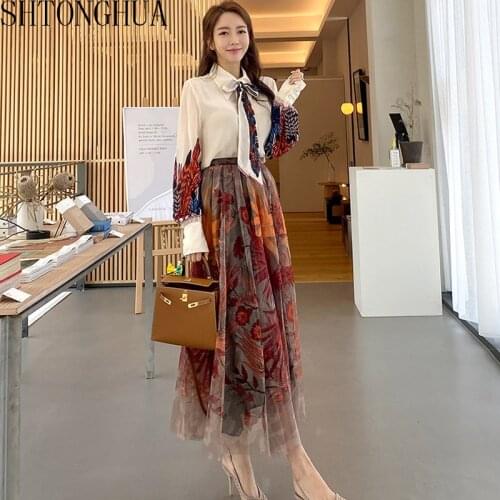 2020 Summer Women Fashion 2 Piece Set Elegant Long Sleeve Floral Print Bow Blouse Mesh Midi Skirt Women Suits