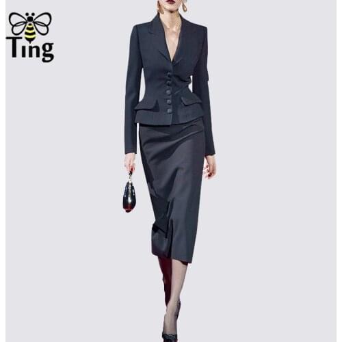 Tingfly Runway Designer Notched Collar Blazer Coat & Bodycon Midi Skirts Women Fashion 2 Pcs Sets Women Office Work Dress Sets