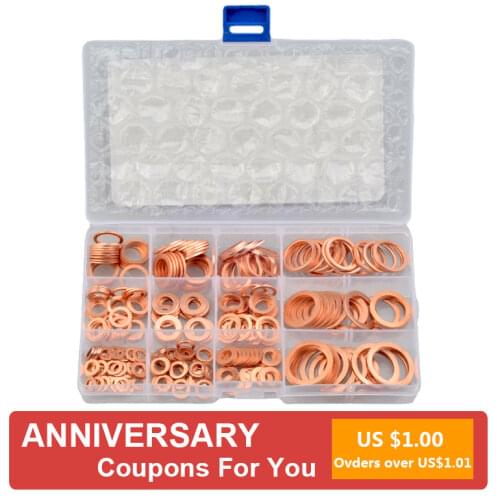 300PCS M5 M6 M8 M10 M12 M14 M16 M18 M20 M22 Copper Sealing Solid Gasket Washer Set Flat Ring Oil Seal Gasket Assortment Kit